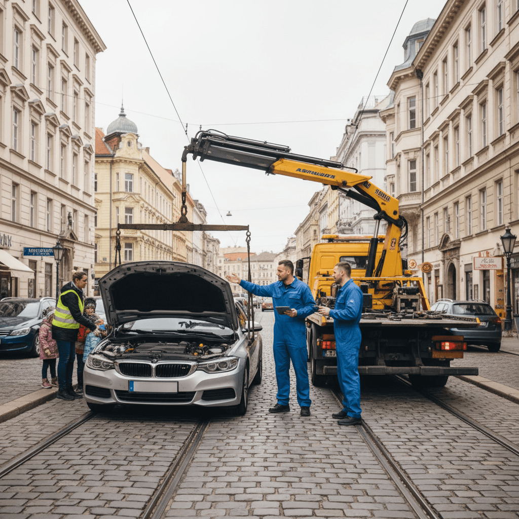 Generated image: Car breakdown in a city environment, immediate towing service with good communication, team helping ...