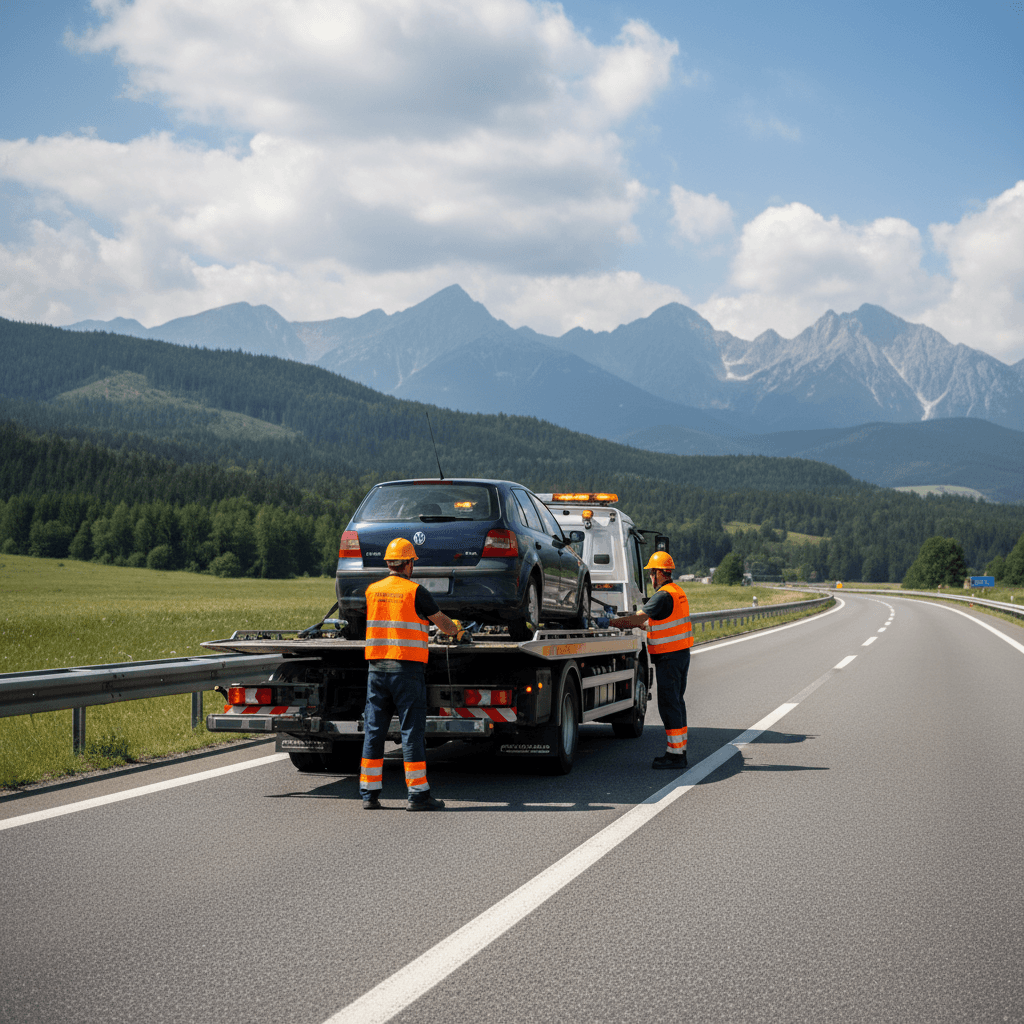 Generated image: Realistic photo of a car being towed on a highway during daytime, professional towing team in action...