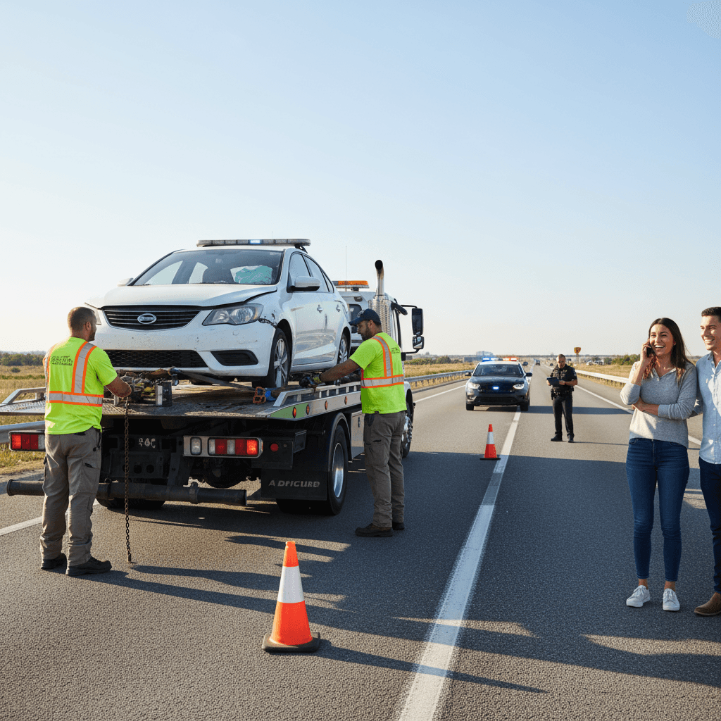 Generated image: Urgent towing after a minor car accident on the road, satisfied client in the background, profession...